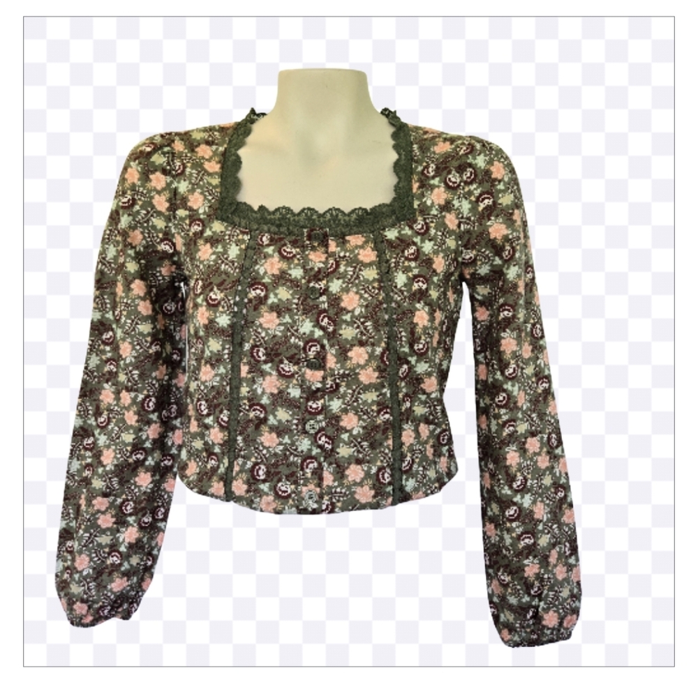SELF E Square Lace Neck Cotton Linen Long Poet Sleeve Crop Green  Floral X Small